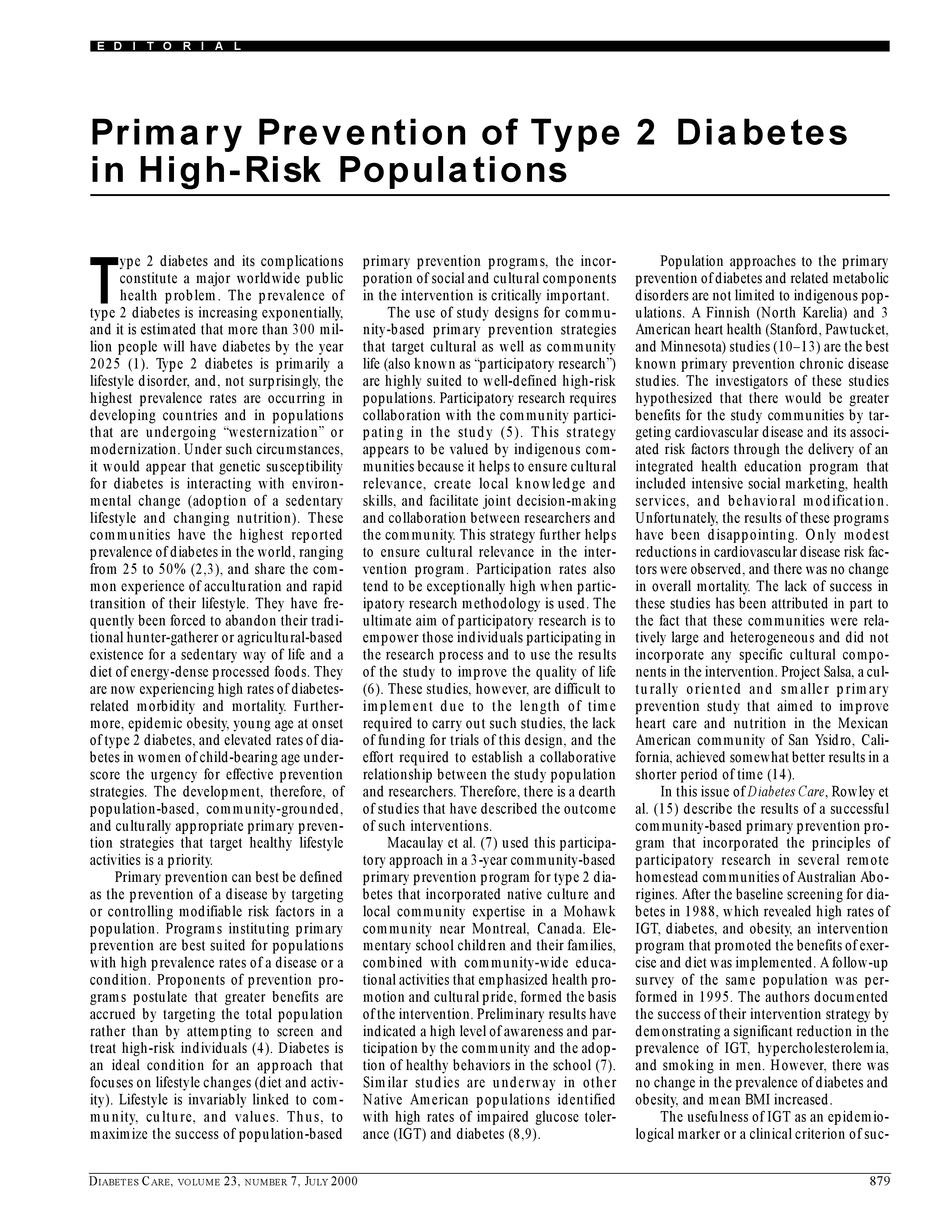 First page of Primary prevention of type 2 diabetes in high-risk populations.