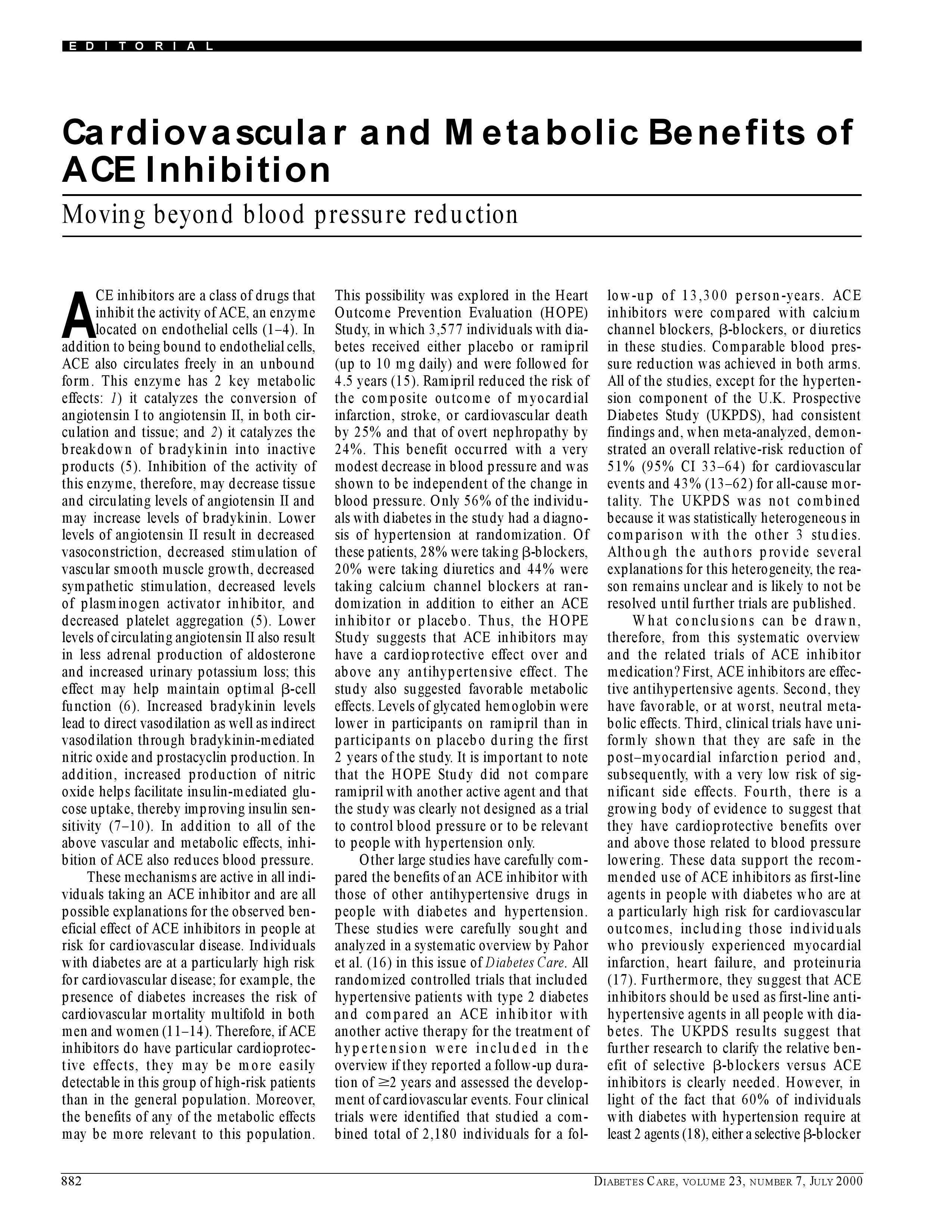 First page of Cardiovascular and metabolic benefits of ACE inhibition: moving beyond blood pressure reduction.