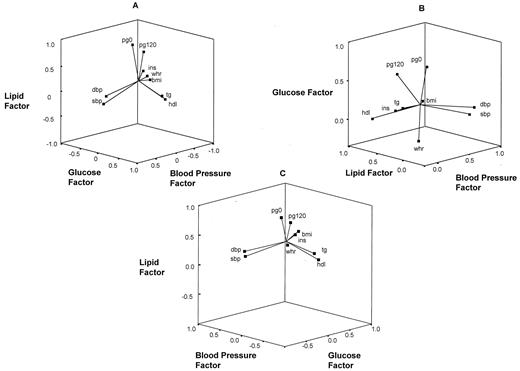 Figure 1—. Factor-loading plots in three-dimensional factor space in men without antihypertensive or lipid-lowering drugs (A), in women without antihypertensive or lipid-lowering drugs (B), and in both sexes in the whole population (C). sbp, systolic blood pressure; dbp, diastolic blood pressure; pg, plasma glucose, tg, triglycerides; hdl, HDL cholesterol; whr, waist-to-hip ratio; ins, fasting insulin. The sign of the HDL variable was changed in the factor analysis from positive to negative.
