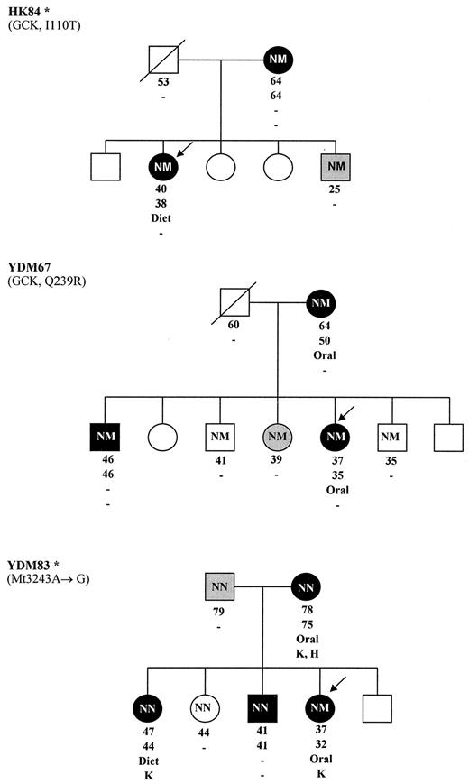 Figure 1 —. Pedigrees of 10 families carrying the HNF-1α, glucokinase, mt3243, or amylin S20G gene mutations/polymorphisms. Subjects with diabetes are noted by black symbols, subjects with IFG or IGT by gray symbols, and nondiabetic and untested subjects by open symbols. The genotype of the family members is indicated by N (wild-type allele) and M (mutant/variant allele). Present age, age at diagnosis, therapy, and complications are stated in this order. The proband is indicated by an arrow. Oral, oral drugs; Ins, insulin; R, retinopathy; K, albuminuria; U, neuropathy; H, hearing impairment. *Data were previously reported (22, 23, 25, 47).
