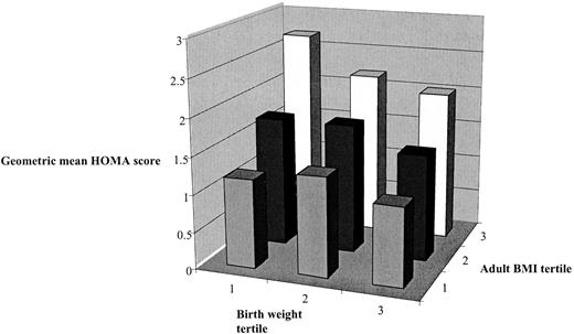 Figure 1—. Age-adjusted geometric means of insulin resistance (HOMA score) by tertiles of birth weight and adult BMI.