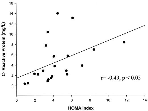 Figure 2—. Relationship between the HOMA index and CRP in women with type 2 diabetes.