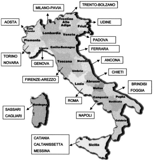 Figure 1—. Geographic distribution of the 25 Italian collaborative centers for childhood diabetes.