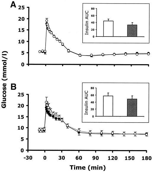 Figure 2—. Time course of plasma glucose concentration during intravenous glucose tolerance test without (○) and with (•) alcohol consumption in control (A) and type 2 diabetic (B) subjects. Glucose bolus (0.3 g/kg) is given at time 0, and insulin (0.03 U/kg) is infused from 20 to 25 min. Insets show the comparison between the values of the total insulin area (103 pmol/l in 180 min) under the concentration curves (empty bars: without alcohol; solid bars: with alcohol); no significant difference was detected within groups.