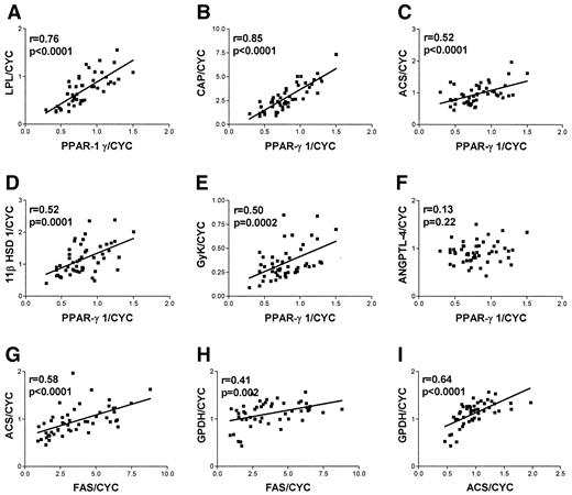Figure 2—. Correlations between mRNAs at baseline for selected genes involved in lipid synthesis and storage in subcutaneous fat.