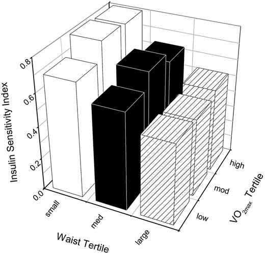 Figure 1—. Tertiles of waist circumference (small, white bars; medium, black bars; large, striped bars) and Vo2max (ml · kg−1 · min−1) in relation to the ISI (log transformed).