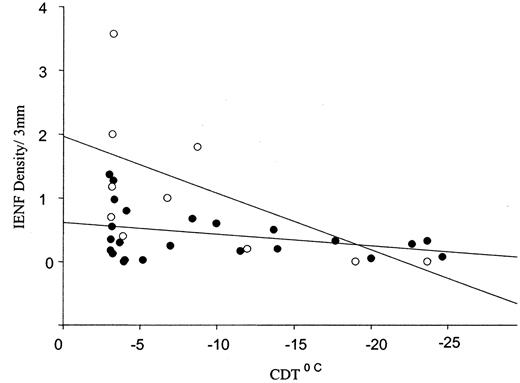 Figure 3—. Relationship between IENF density and CDT grouped by pain status. •, pain; NS. ○, no pain; r = −0.8, P = 0.0006. t = −2.6, P = 0.006 for interaction between groups.