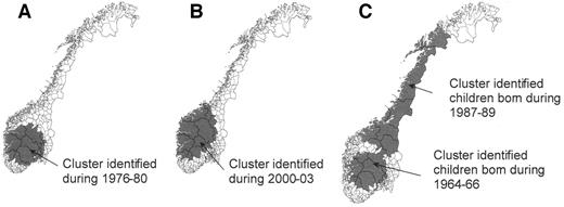 Figure 1—. Results from the spatiotemporal analysis. A: Cluster from the first study period (1973–1982). B: Cluster identified from the second study period (1989–2003). C: Two clusters identified for the birth cohorts and place of living.