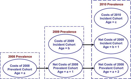 Figure 1. Conceptual model of costs of diabetes with prevalent and future cohorts over time.