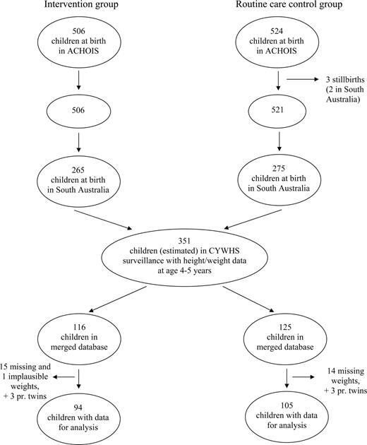 Figure 1. Participants in a study assessing BMI among 4- to 5-year-old children whose mothers participated in a randomized controlled trial of treatment of mild gestational diabetes.