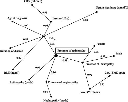 Figure 1. Semantic connectivity map of studied variables. The figures on the connections represent the strength of the link on a 0–1 scale. Low BMD femur, presence of low F-BMD; Low BMD spine, presence of low LS-BMD. Males and females are both connected to neuropathy but with a different conditional probability. The link for females is stronger (0.95) than it is for males (0.93).