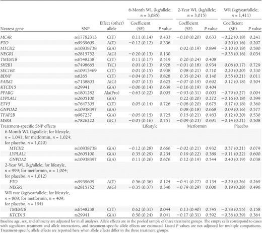 Summary of association data for each of 16 known obesity loci and short-term (6 months) change in weight (kilograms per year), long-term (2 years) change in weight (kilograms per year), and rate of WR from 6 months through trial end (kilograms per year) in the overall DPP cohort and each treatment arm if significant SNP treatment interactions were detected