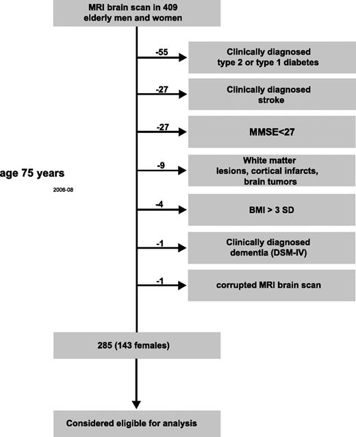 Figure 1. Subject inclusionary criteria and sample sizes. Initially, 1,016 individuals (509 females) were examined at age 70 years. From these individuals, 409 underwent an MRI whole-brain scan at age 75. At the same age, the participant’s ability to generate spontaneously words of a certain category was tested by means of a VF task. To ensure a cognitively healthy population, those participants with a history of dementia or stroke, a diagnosis of type 1 or type 2 diabetes, a BMI >3 SD, pathological lesions on MRI (including arachnoidal cyst, bilateral hygroma, meningioma, and schwannoma), and who scored <27 on the mini–mental state examination (MMSE) to control for mild cognitive impairment were excluded. Furthermore, we examined each individual’s MRI scan and excluded one that was affected by movement artifacts. Thus, 285 elderly men and women were considered eligible to analyze the association between the HOMA-IR, cognitive functions, and gray matter volume at age 75 years.