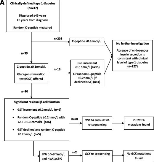 Figure 1. A: Flowchart for investigation of individuals with clinically labeled type 1 diabetes. B: Flowchart for investigation of individuals with clinically labeled type 2 diabetes. FPG, fasting plasma glucose.
