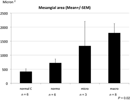 Figure 3. Mean mesangial area (micron2) across normal controls (normal C), patients with type 2 diabetes and normoalbuminuria (normo), patients with type 2 diabetes and microalbuminuria (micro), and patients with type 2 diabetes and macroalbuminuria (macro). P = 0.02, one-way ANOVA for mean mesangial area across the four groups.