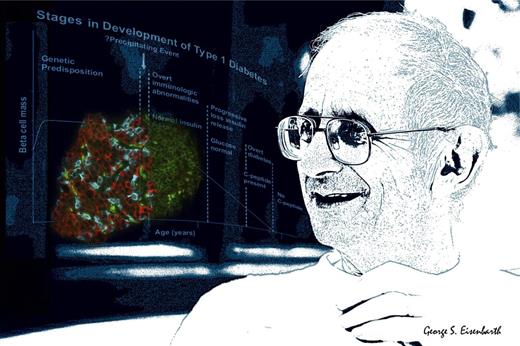 An evocative rendering of the late George S. Eisenbarth. A pancreatic islet under immune attack against the backdrop of his model of the multiple stages in the natural history of T1D symbolizes the disease process he wanted to defeat.