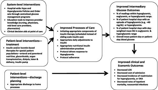 Figure 1. Diagram of a conceptual model for pathways to quality inpatient management of hyperglycemia and diabetes, adapted from Munoz et al. (18).