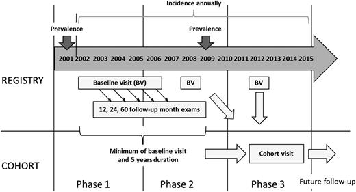Figure 1. Summary of the SEARCH study design. The registry began in 2001 measuring prevalence, which was repeated in 2009. Incidence has been measured annually starting in 2002. Youth diagnosed in 2002–2006, 2008, and 2012 had a baseline in-person visit for measurement of diabetes autoantibodies, albuminuria, BMI, cardiovascular risk factors, and sociodemographic, quality of care, and quality of life questionnaires. Youth with baseline visits (incident cases in 2002–2005) were invited to return in 12, 24, and 60 months after their baseline visit for additional visits. Those with a baseline visit and at least 5 years of duration were asked to join the cohort study, started in 2012, which added measures of early complications (retinopathy, cardiac autonomic and peripheral neuropathy, and arterial stiffness). Future follow-up of the cohort is planned.