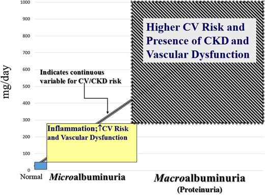 Figure 1. The spectrum of albuminuria and its associated CV risk and kidney disease presence. (A high-quality color representation of this figure is available in the online issue.)