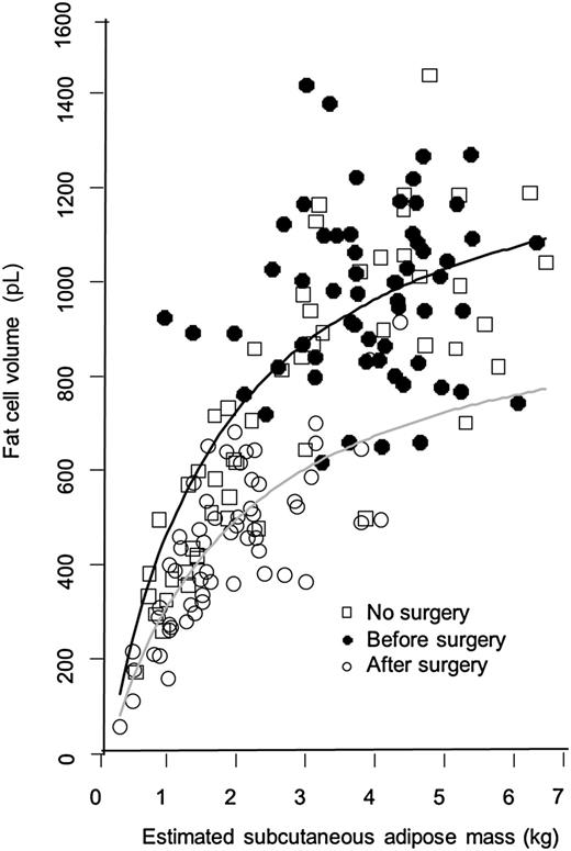 Figure 3. Relationship between mean fat cell volume and ESAT. Black line is the relationship for all subjects at a baseline non–weight-reduced state. Gray line is the relationship in subjects investigated after weight reduction. The curve-linear relationships between baseline and the weight-reduced state were significantly different (P = 0.03 with Student t test).