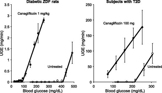 Figure 2. Relationship between blood glucose concentrations and UGE rates in rodents and humans treated with the SGLT2 inhibitor canagliflozin. Left panel: Results (mean ± SE) from a graded glucose infusion study in Zucker diabetic fatty (ZDF) rats (13). Right panel: Results (mean ± SD) from a stepwise hyperglycemic clamp study in human subjects with T2D (15). In both studies, canagliflozin treatment produces a left shift in the relationship between blood glucose and UGE with no apparent change in the slope, leading to a reduction in RTG.