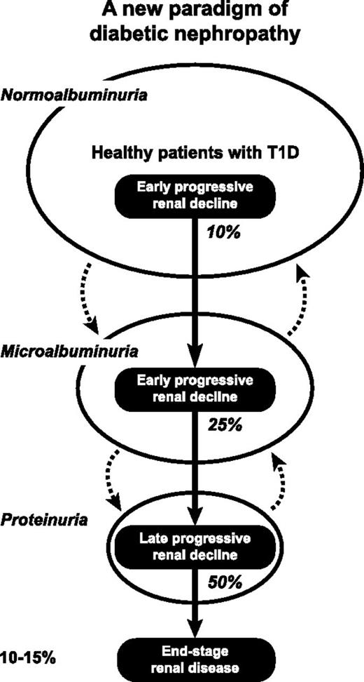 Figure 7. Progressive renal decline as a new paradigm of diabetic nephropathy in T1D. Urinary albumin excretion increases in progressively smaller subsets and also regresses, while progressive renal decline develops early in a subset of patients with NA, MA, and proteinuria and almost always progresses to ESRD. Percentages in italics indicate proportion of patients with progressive renal decline in albumin excretion rate subgroups: NA, MA, and proteinuria. Figure adapted with permission from Krolewski and Bonventre (23).