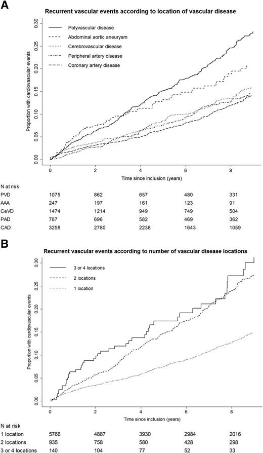 Figure 1. A: Incidence of recurrent vascular events according to location of symptomatic vascular disease. B: Incidence of recurrent vascular events according to number of vascular disease locations. Cox survival graphs are adjusted for type 2 diabetes, sex, age, smoking, systolic blood pressure, BMI, LDL-cholesterol, and duration of clinically manifest vascular disease. N at risk, number of patients at risk for the outcome at a certain time point.
