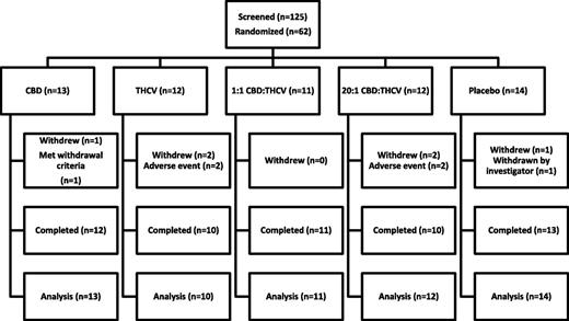 Figure 1. Summary of breakdown of patients enrolled in the study. A total of 125 subjects were screened and 62 randomized to this study.