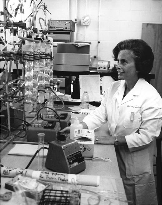 Maria Gordon Buse, MD, in front of a rack of Langendorff baths used to perfuse isolated beating rat hearts circa 1972. These studies resulted in important findings about cardiac fuel metabolism and changes induced by epinephrine, glucagon, and nutritional states with continuing relevance to diabetes treatments today (courtesy of the Waring Historical Library, MUSC, Charleston, SC).