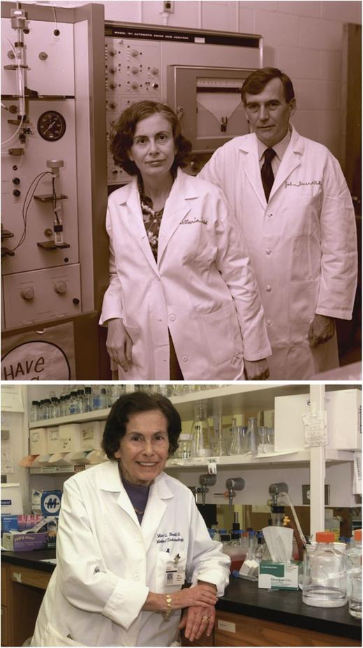 Top: Maria Gordon Buse, MD, and John F. Buse Jr., MD, circa 1970, standing in front of the Beckman model 121 amino acid analyzer that was almost like their fourth child, only more expensive, fussy, and ill-behaved. Bottom: Maria Gordon Buse, MD, circa 2003 (both courtesy of the Waring Historical Library, MUSC, Charleston, SC).