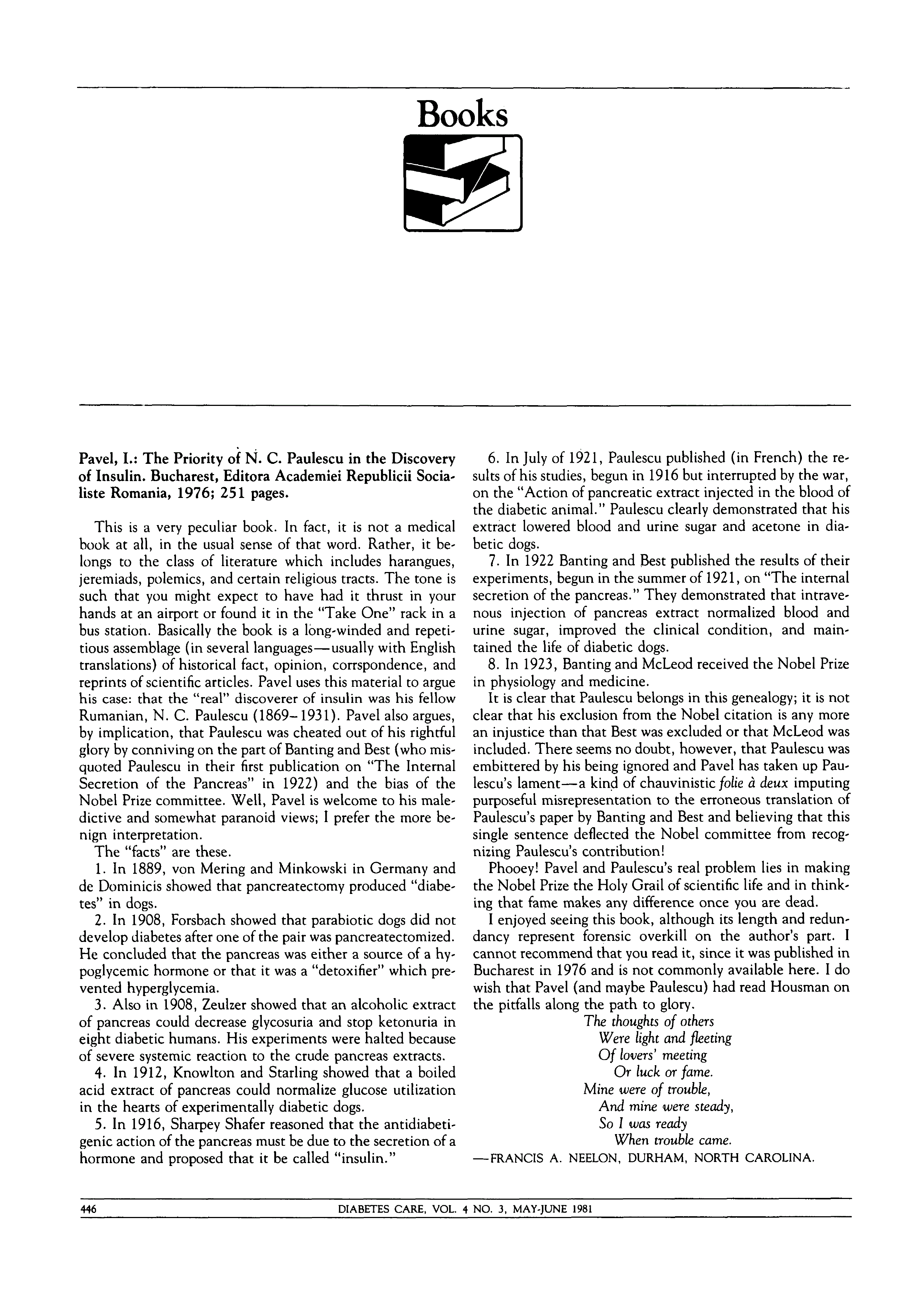 First page of The Priority of N. C. Paulescu in the Discovery of Insulin