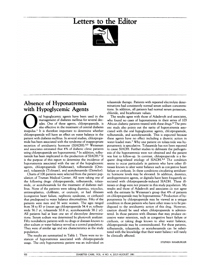 First page of Absence of Hyponatremia with Hypoglycemic Agents