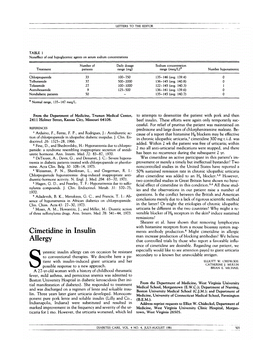 First page of Cimetidine in Insulin Allergy