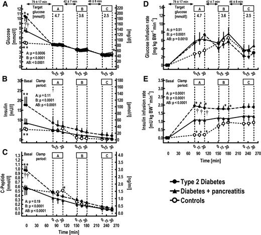 Figure 1. Capillary plasma concentrations of glucose (A) and venous concentrations of insulin (B) and C-peptide (C) as well as exogenous glucose (D) and insulin infusion (E) rates during a hyperinsulinemic, sequentially euglycemic and hypoglycemic clamp experiment in patients with diabetes due to chronic pancreatitis (filled triangles), subjects with type 2 diabetes (filled circles), and healthy control subjects (open circles). Statistical analysis: repeated-measures ANCOVA reporting P values for significant differences between the three groups of patients (A), over time (B) and any significant interactions (AB). Baseline concentrations/values with placebo were imputed as a covariate. *P < 0.05, significant difference at particular time points vs. subjects with diabetes due to chronic pancreatitis; †P < 0.05, significant difference at particular time points vs. healthy control subjects. BW, body weight.