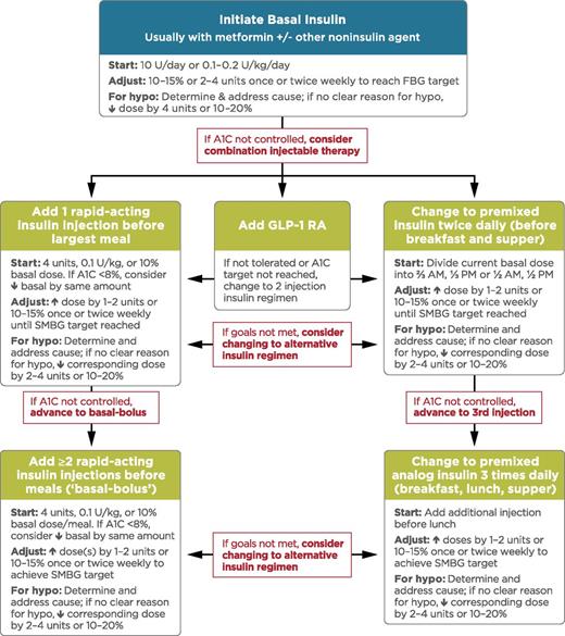 Figure 8.2. Combination injectable therapy for type 2 diabetes. FBG, fasting blood glucose; GLP-1 RA, GLP-1 receptor agonist; hypo, hypoglycemia. Adapted with permission from Inzucchi et al. (21).