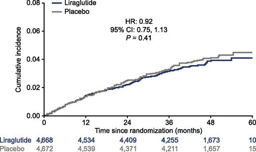 Figure 1. Cumulative incidence plot of time to first DFU event among all patients in the LEADER trial. Aalen-Johansen plot, with death as a competing risk factor. This figure includes data from the first DFU events in 176 liraglutide-treated and 191 placebo-treated patients.