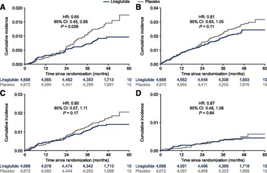 Figure 2. Cumulative incidence plot of time to first DFU-related complication among patients treated with liraglutide vs. placebo in the LEADER trial. A: Amputation (44 first DFU events in the liraglutide group and 67 first DFU events in the placebo group). B: Infection (107 and 131 first DFU events in liraglutide and placebo groups, respectively). C: Involvement of underlying structures (64 and 80 first DFU events in liraglutide and placebo groups, respectively). D: Peripheral revascularization (20 and 23 first DFU events in liraglutide and placebo groups, respectively).