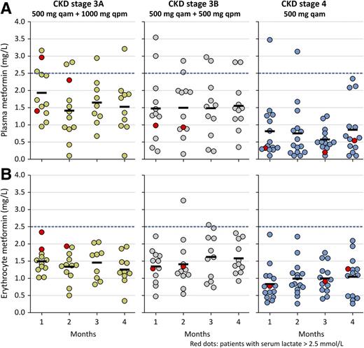 Figure 2. Individual metformin concentrations in plasma (A) and in erythrocytes (B) as a function of the CKD stage during 4 months of treatment with dose-adjusted metformin. The data were obtained 12 h (for CKD stages 3A and 3B) or 24 h (for CKD stage 4) after the last administration of metformin in patients who completed the study without changing their CKD stage. The symbol “–” indicates the mean value for the group at each measurement.