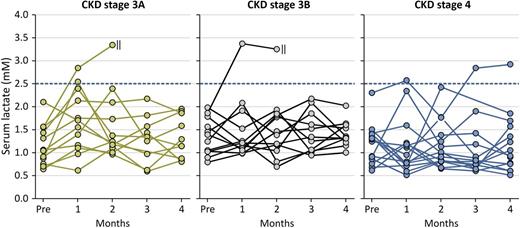 Figure 3. Individual blood concentrations of lactate during 4 months of treatment with dose-adjusted metformin. The data come from patients who completed the study without changing their CKD stage. The symbol “‖” indicates the withdrawal of metformin before the end of the study.