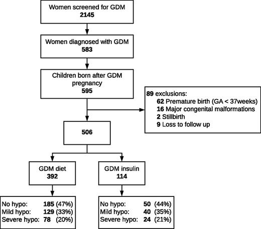 Figure 1. Study profile. GA, gestational age; hypo, hypoglycemia.