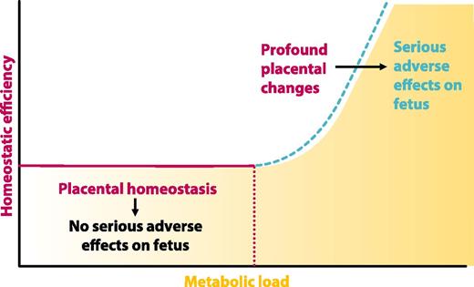 Figure 4. Homeostatic capacity vs. metabolic load concept. The placental homeostatic capacity allows adaptations to fetal needs. In this situation, the placenta serves as a friend to the fetus. However, with increasing metabolic load, i.e., maternal metabolic and inflammatory derangements exceeding placental capacity to mount these adaptive responses, major structural and functional changes can be predicted and may have adverse consequences for the fetus. The placenta would then be the foe of the fetus. Original artwork by biolution GmbH reproduced with permission.
