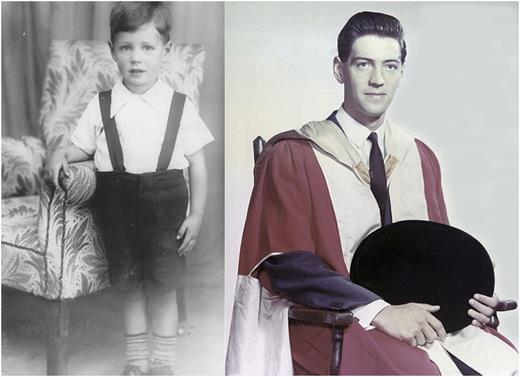 Left: Young Denis circa 1944. Right: J. Denis McGarry earns his PhD, The University of Manchester, 1966.