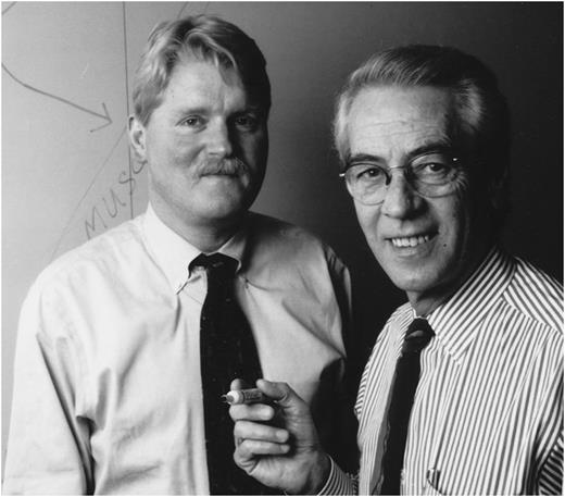 Student and mentor—Chris Newgard (left) and Denis McGarry (right), Dallas, circa 1995.
