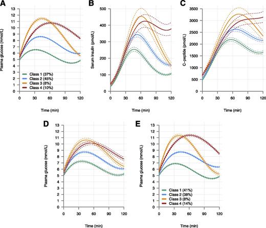Figure 1. Plasma glucose patterns identified at baseline (A), corresponding serum insulin (B) and C-peptide (C) curves, and plasma glucose tra-jectories at follow-up for the groups identified at baseline (D) and independently at follow-up (E). Curves are estimated mean trajectories (solid lines) with 95% CIs (dashed lines).