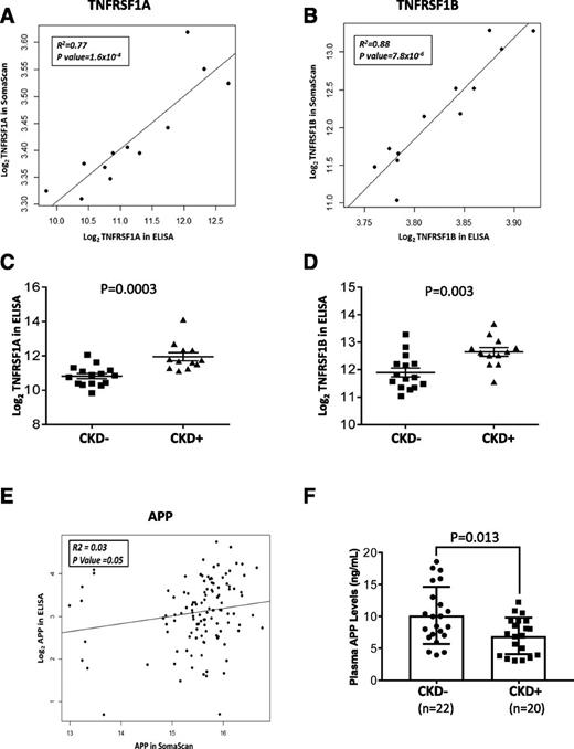 Figure 3. Replication and validation of SOMAscan findings: TNF-α receptors and APP ELISAs. A and B: Correlation plots of TNFRSF1A and TNFRSF1B SOMAscan vs. ELISA measurements. Markers were log2-transformed for normalization. C and D: Levels of TNF markers among Medalists with and without CKD, as measured by ELISA. Markers were log2-transformed for normalization. Student t test was used to test for significant differences between the groups. E: Correlation plot of APP SOMAscan vs. ELISA measurements. Markers were log2-transformed for normalization. F: Levels of APP among Medalists with and without CKD, as measured by ELISA. APP was log2-transformed for normalization. Student t test was used to test for significant differences between the groups. CKD is stage 3b, as defined by CKD-EPI eGFR <45 mL/min/1.73 m2.