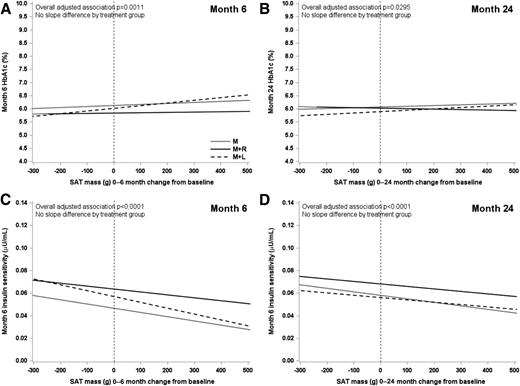 Figure 3. Slopes of HbA1c, insulin sensitivity, β-cell function (as measured by C-peptide oDI), and HMWA versus change from baseline in SAT mass at months 6 and 24, by treatment group. Regression lines (slopes) of HbA1c (A and B), insulin sensitivity (C and D), C-peptide oDI (E and F), and HMWA (G and H) values at months 6 and 24 versus the respective change from baseline in SAT mass by treatment group. The three treatment groups are M, M + R, and M + L. P values were calculated from linear regression models testing for pairwise treatment differences in the slopes at months 6 and 24. Models were adjusted for study site (as surrogate for DXA machine type), sex, age at baseline, height, race-ethnicity, and treatment. Data are plotted on the original unit scale, but testing was performed on the log-transformed values of insulin sensitivity, C-peptide oDI, and HMWA because of lack of normality. Overall associations and significant P values for slope differences by treatment group are indicated within the figure.