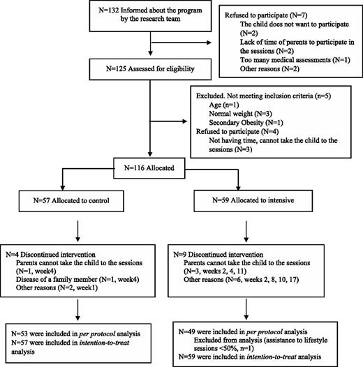 Figure 1. Flowchart showing enrollment into the study groups. Control group: children participating in the family-based lifestyle and psycho-educational program; Intensive group: children participating in the latter plus exercise training.