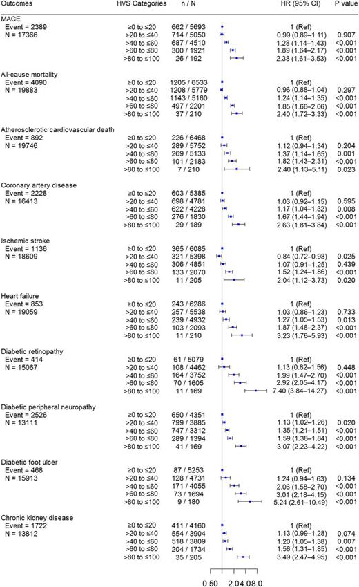 Figure 2. The association between HVS and adverse outcomes in patients with newly diagnosed type 2 diabetes. HR, hazard ratio; MACE, major adverse cardiovascular events.