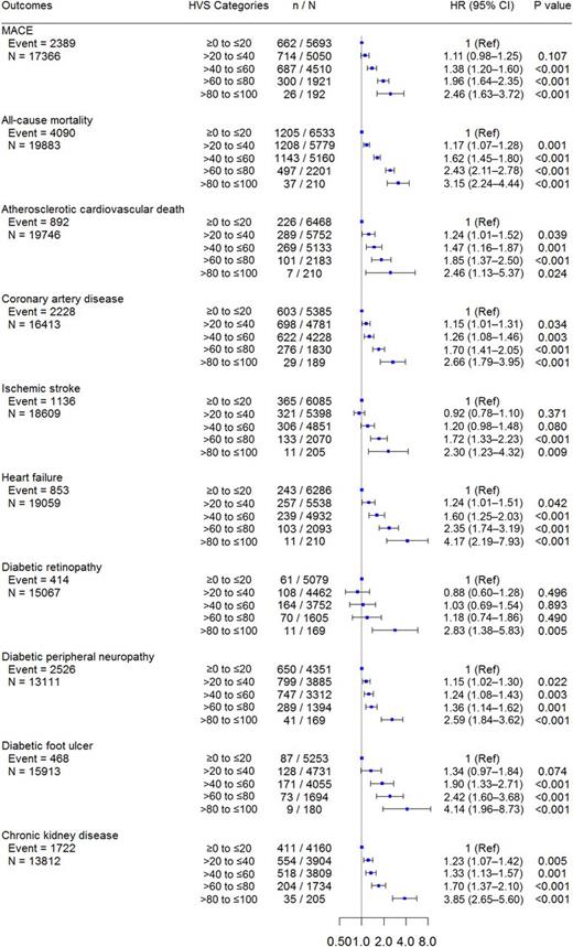 Figure 3. The association between HVS and adverse outcomes in patients with newly diagnosed type 2 diabetes after adjusting for the time-weighted average HbA1c. HR, hazard ratio; MACE, major adverse cardiovascular events.