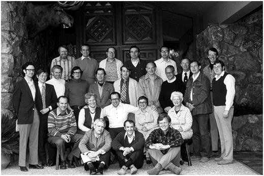 First Neuropancreatic Interactions Meeting, Kroc Foundation, 1976. Left to right, back row: Joe Goodner, Albert Renold, Harold Lebovitz, Norbert Freinkel, Yutaka Oomura; middle row, standing: Larry Frohman, Steve Bloom, Ralph Miller, Steve Woods, Tony Pearse, Terry Powley, Gerry Grodsky, Anton Steffens, Don McMillin, Ingmar Lunquist, Bart Hoebel, Philip Smith; middle row, sitting: Franz Matchinsky, Jacqueline Renold, Dan Porte, Eunice Porte, Mrs. Robert Kroc; front row: Neils Christensen, Ian Burr, Peter Amacher